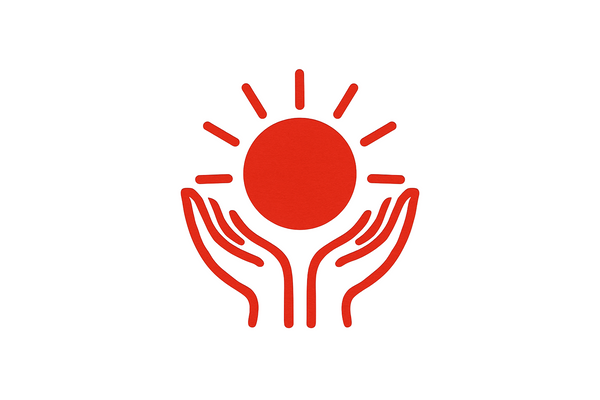 Red sun with two hands on a white background